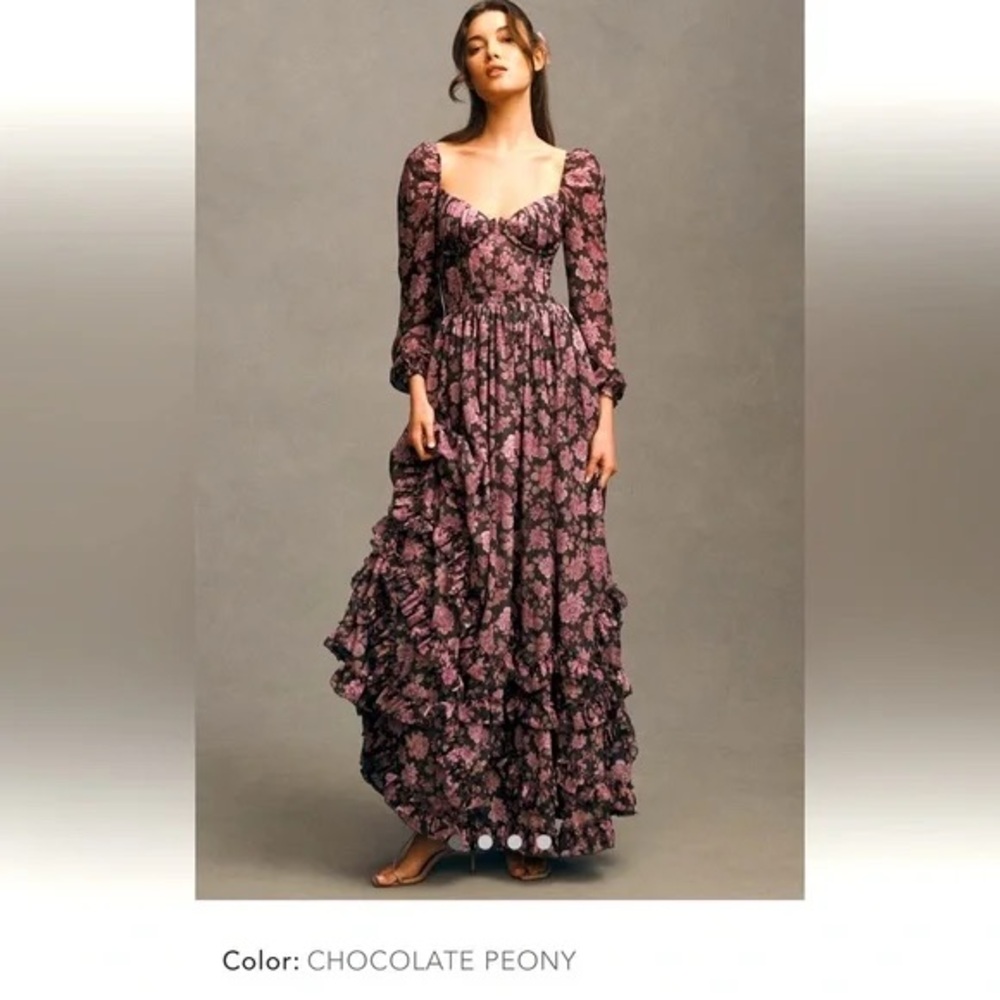 V. Chapman Carmella Corset Side-Slit Chiffon Maxi Dress | Size 10